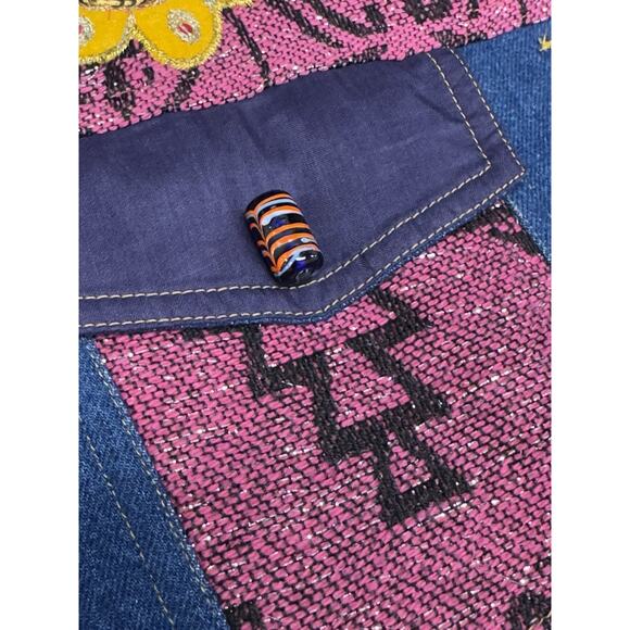 Indigo Moon Denim Chambray Medium Coat Pink Aztec Accent Purple Trim Embellish - Picture 4 of 13